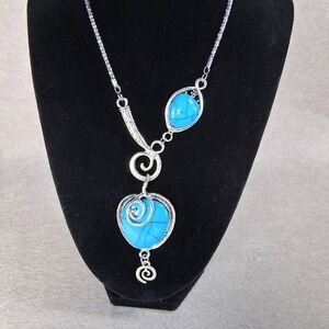 Vintage Style Silver Tone Faux Turquoise Asymmetrical Swirl Statement Necklace